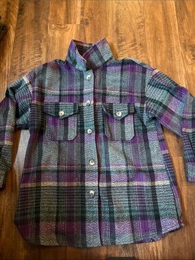 BiBi Plaid Button-Up Shacket in Purple, Gray & Black